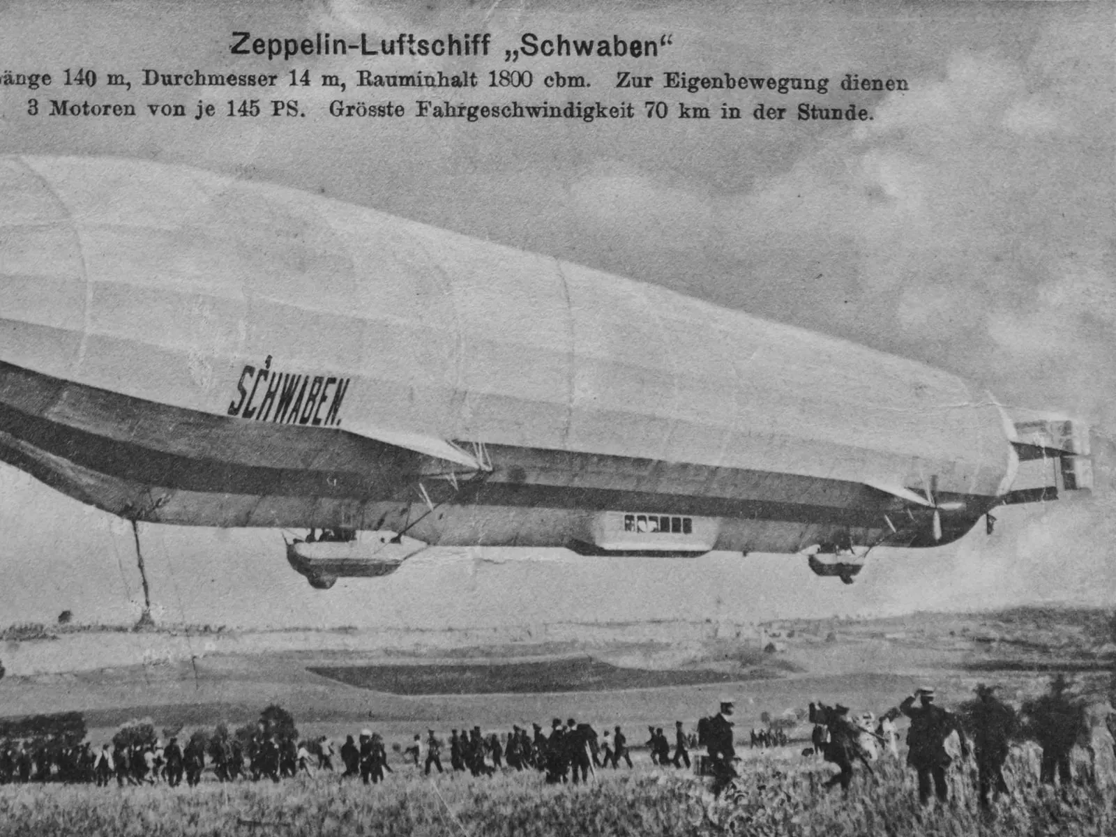 Zeitgenössische Aufnahme des Zeppelin-Luftschiffs LZ 10 Schwaben (Illustrationsfoto aus der Epoche, nicht die Landung in Speyer)